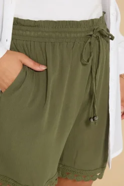 Yours Curve Khaki Green Crochet Trim Crinkle Shorts