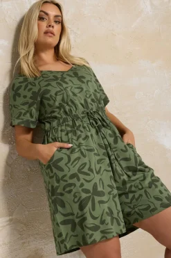 Yours Curve Khaki Green Floral Print Cotton Playsuit