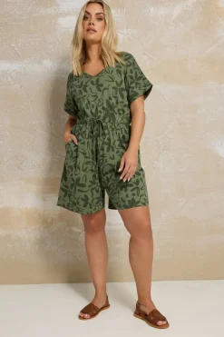 Yours Curve Khaki Green Floral Print Cotton Playsuit