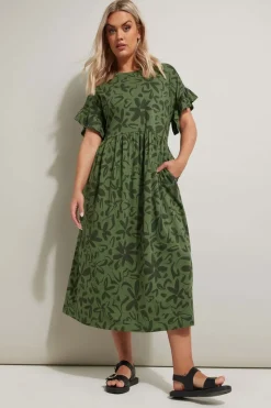 Yours Curve Khaki Green Floral Frill Cotton Midaxi Dress