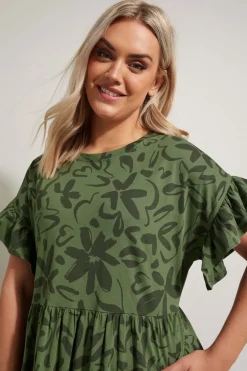 Yours Curve Khaki Green Floral Frill Cotton Midaxi Dress