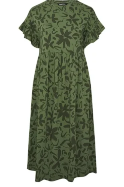 Yours Curve Khaki Green Floral Frill Cotton Midaxi Dress