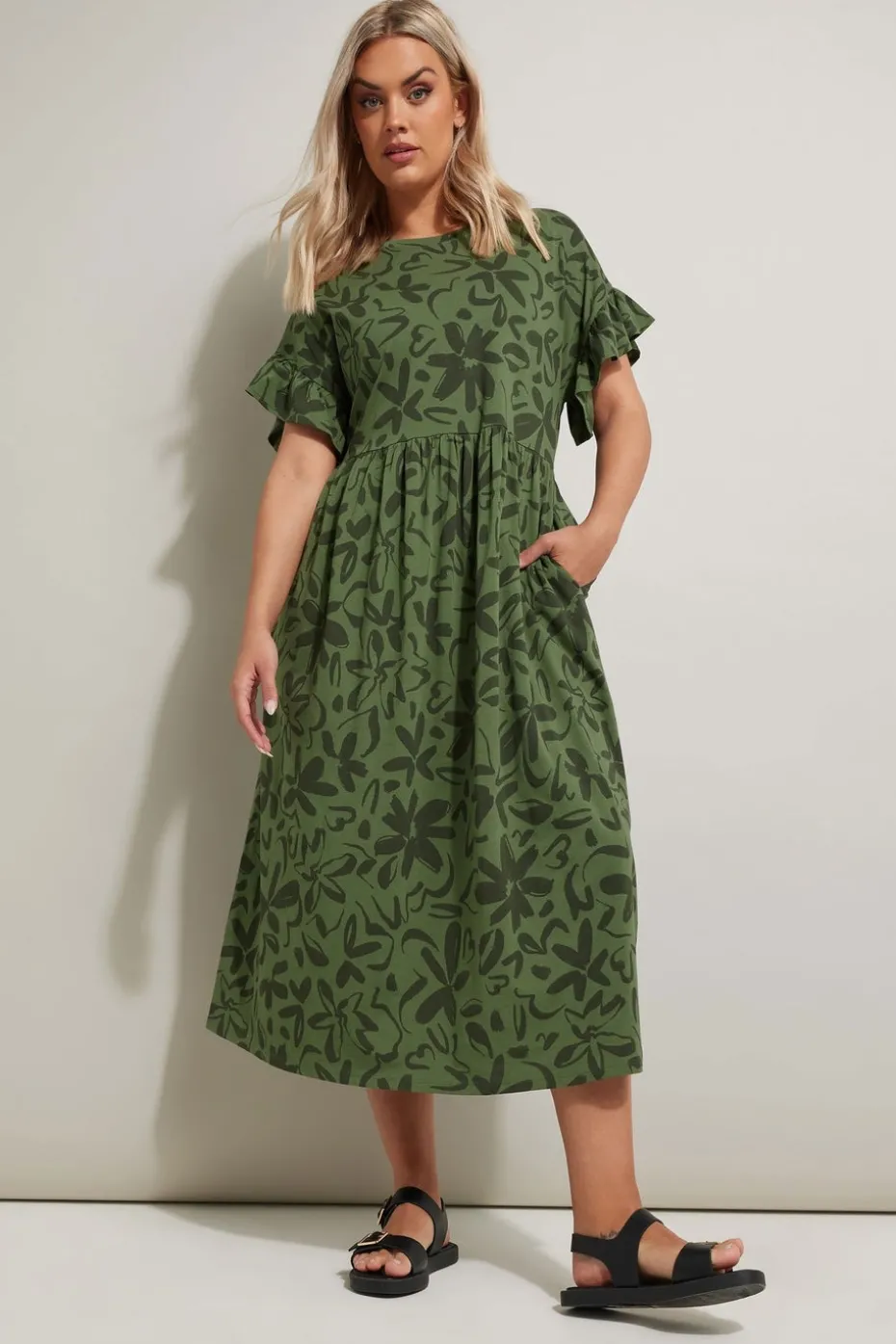 Yours Curve Khaki Green Floral Frill Cotton Midaxi Dress