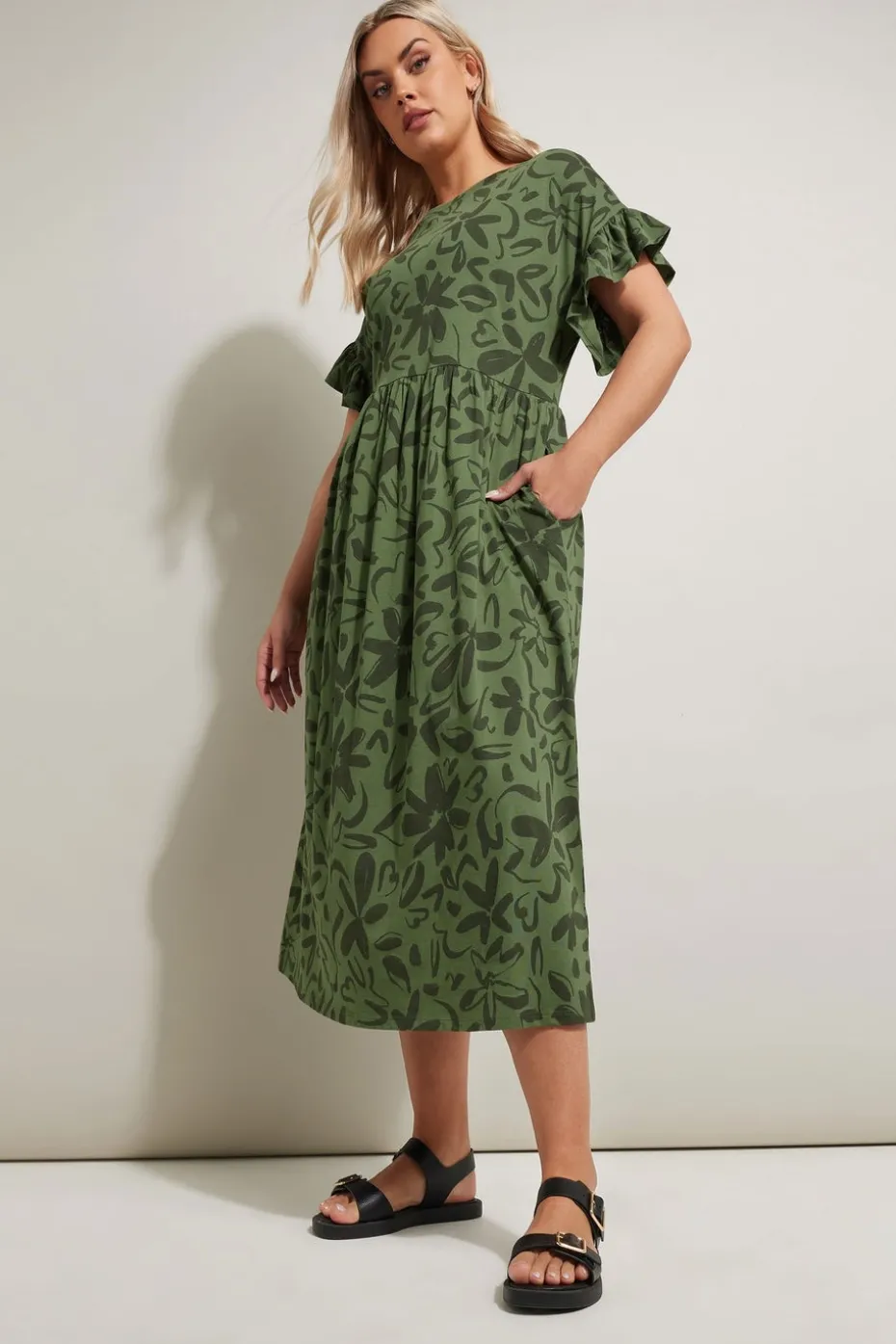 Yours Curve Khaki Green Floral Frill Cotton Midaxi Dress