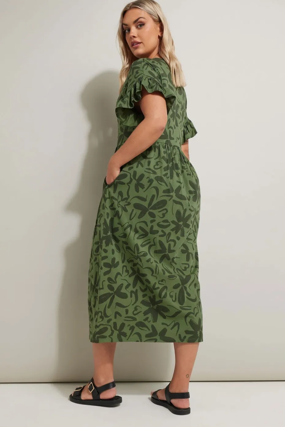 Yours Curve Khaki Green Floral Frill Cotton Midaxi Dress