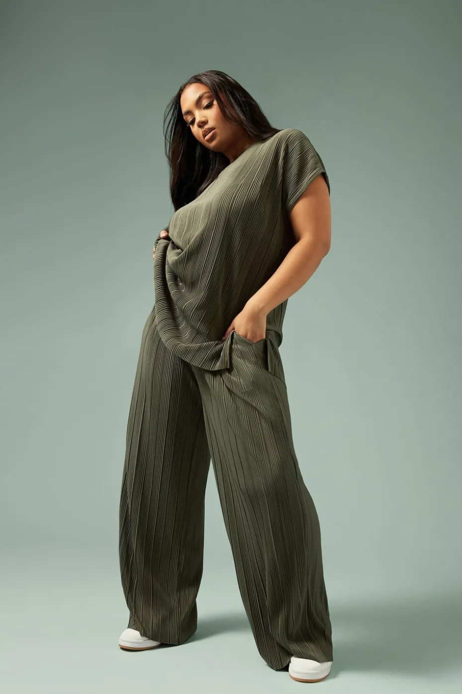 Yours Curve Khaki Green Plisse Top