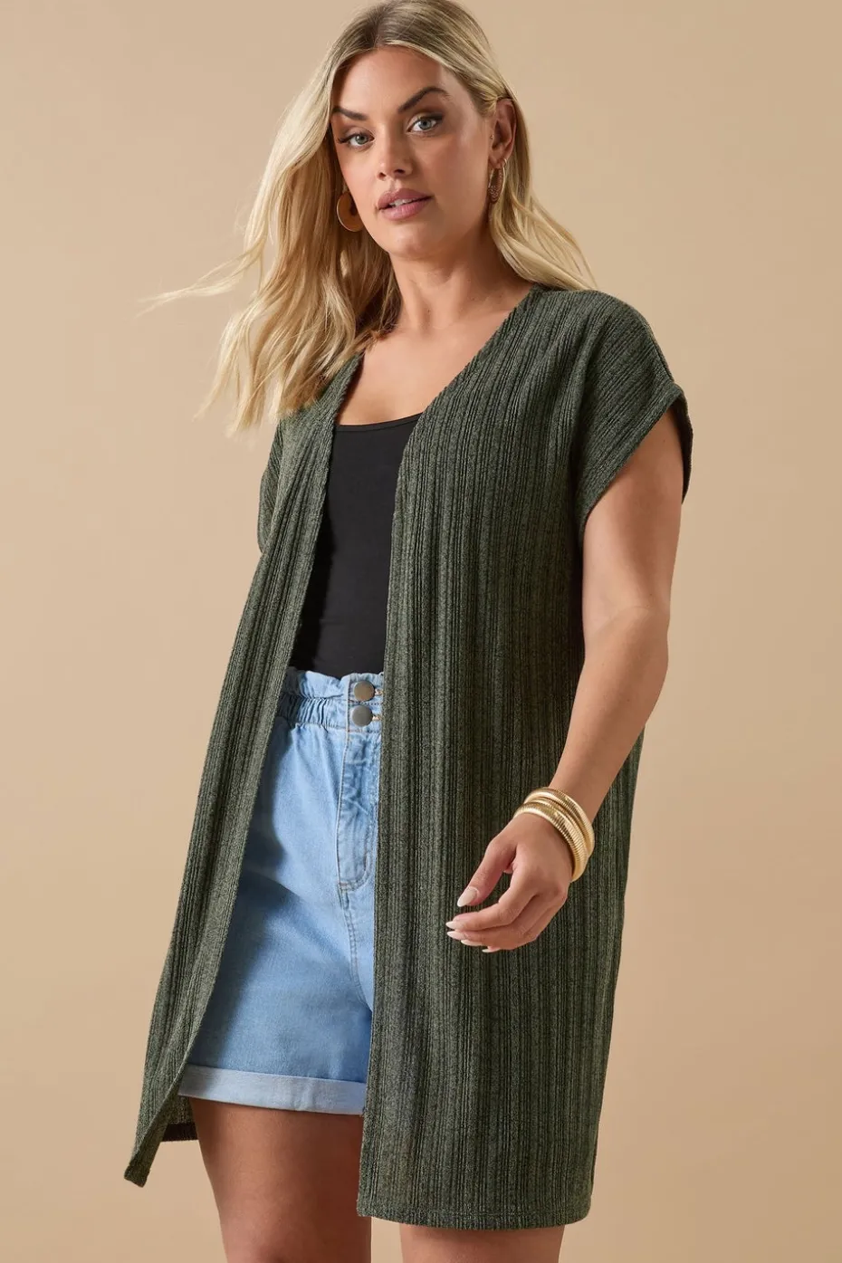 Yours Curve Khaki Green Ribbed Jersey Cardigan