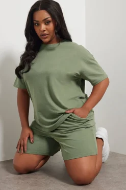 Yours Curve Khaki Green Sweat Jersey T-Shirt & Shorts Set