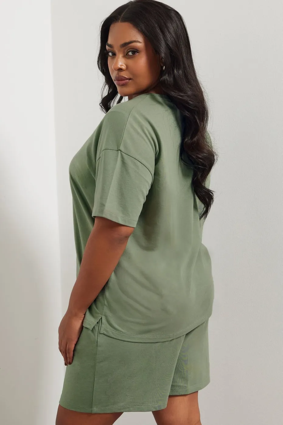 Yours Curve Khaki Green Sweat Jersey T-Shirt & Shorts Set