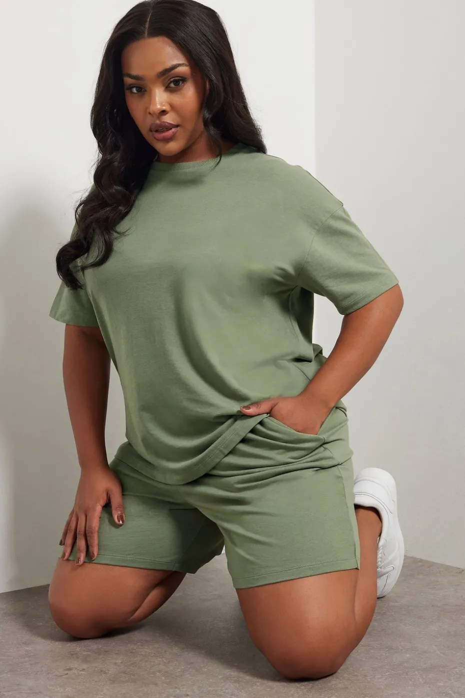 Yours Curve Khaki Green Sweat Jersey T-Shirt & Shorts Set