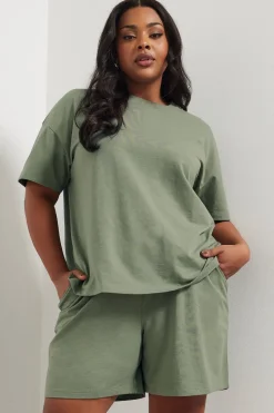 Yours Curve Khaki Green Sweat Jersey T-Shirt & Shorts Set