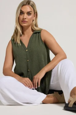 Yours Curve Khaki Green Textured Sleeveless Shirt