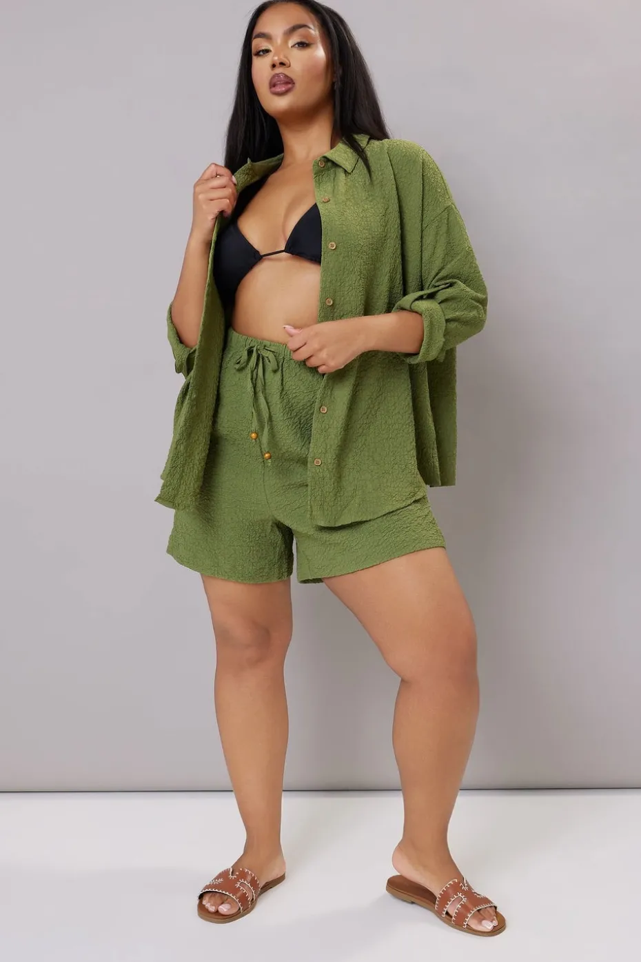 Yours Curve Khaki Green Textured Long Sleeve Shirt