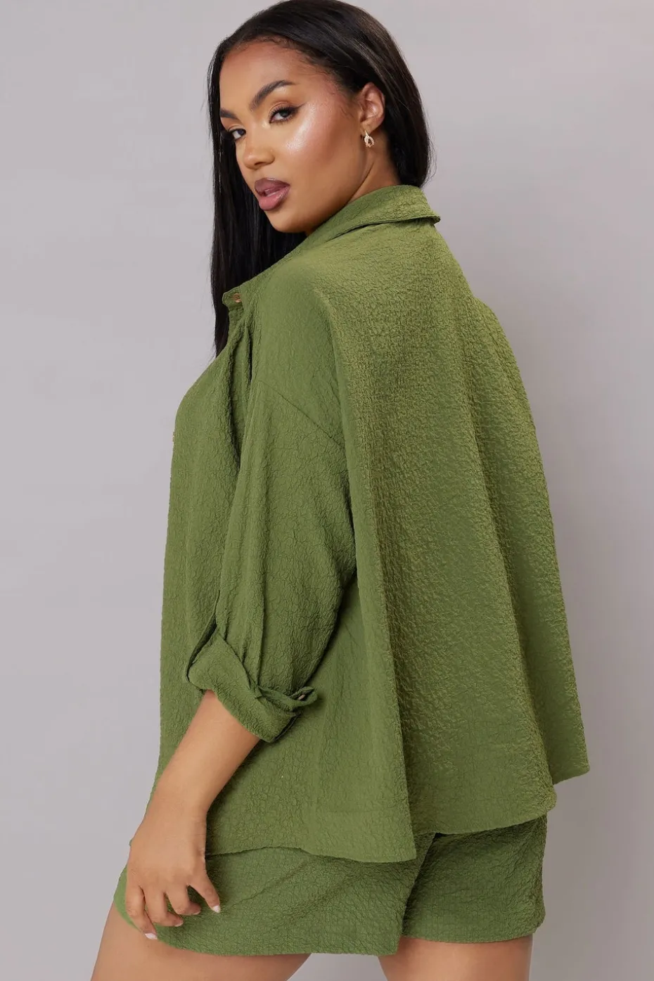 Yours Curve Khaki Green Textured Long Sleeve Shirt