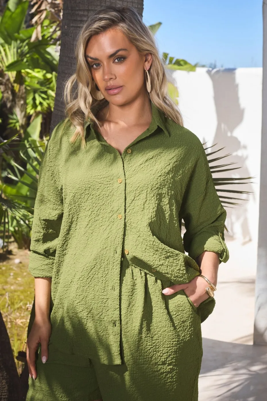 Yours Curve Khaki Green Textured Long Sleeve Shirt