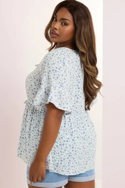 Yours Curve Light Blue Ditsy Floral Tie Front Peplum Top