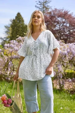 Yours Curve Light Blue Ditsy Floral Tie Front Peplum Top