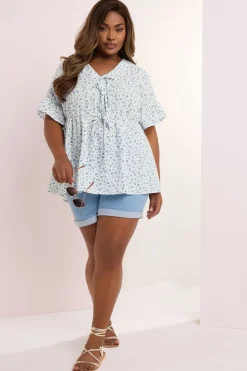 Yours Curve Light Blue Ditsy Floral Tie Front Peplum Top