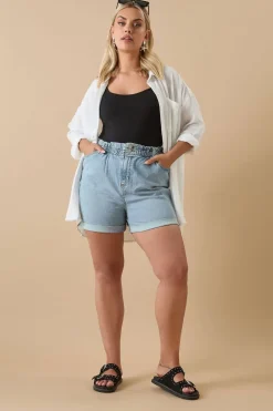 Yours Curve Light Blue Elasticated Waist Turn Up Denim Shorts