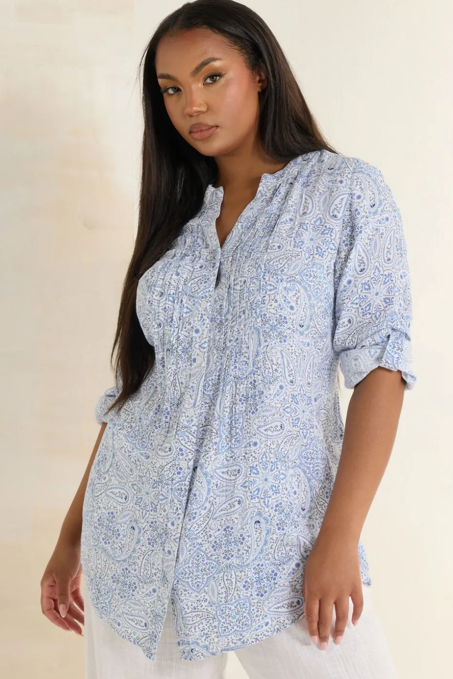 Yours Curve Light Blue Paisley Print Pintuck Blouse