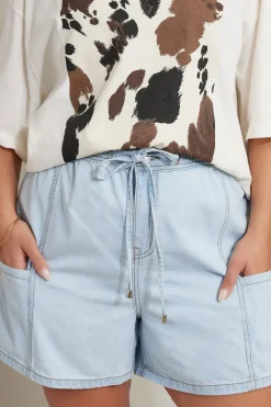 Yours Curve Light Blue Tie Waist Denim Shorts