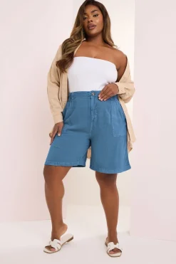 Yours Curve Mid Blue Chambray Pull On Shorts