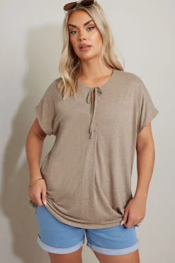 Yours Curve Natural Brown Linen Marl Tie Front Top
