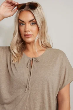 Yours Curve Natural Brown Linen Marl Tie Front Top