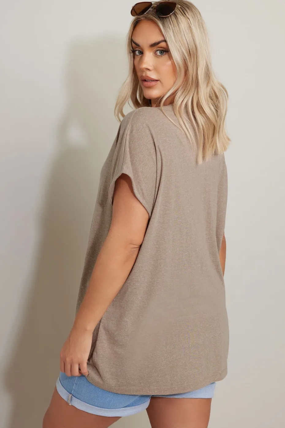 Yours Curve Natural Brown Linen Marl Tie Front Top