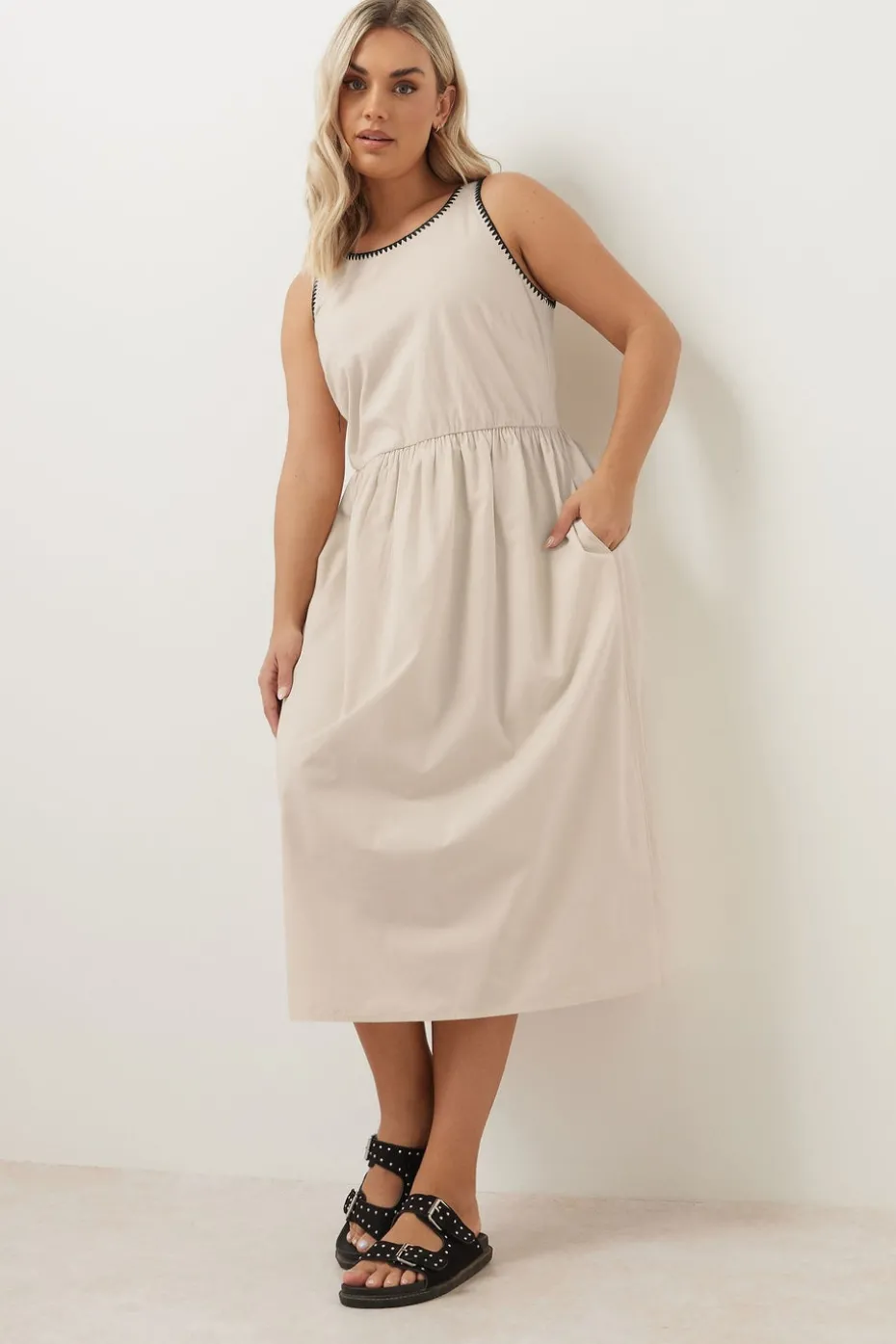 Yours Curve Natural Brown Contrast Blanket Stitch Midi Dress