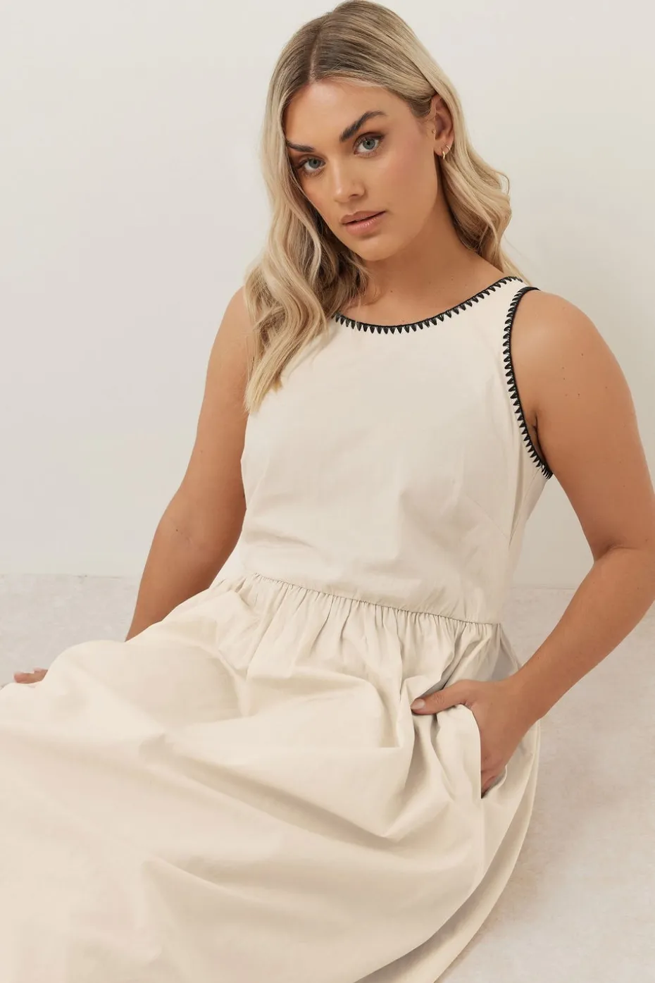 Yours Curve Natural Brown Contrast Blanket Stitch Midi Dress