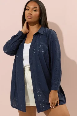 Yours Curve Navy Blue Broderie Anglaise Long Sleeve Shirt