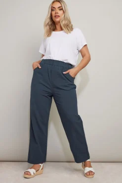 Yours Curve Navy Blue Cool Cotton Wide Leg Trousers
