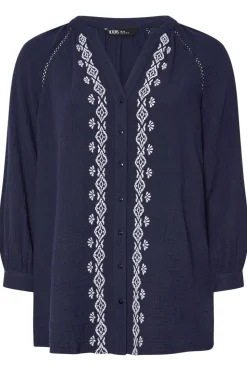 Yours Curve Navy Blue Embroidered Cheesecloth Shirt