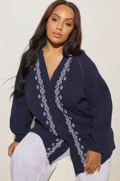 Yours Curve Navy Blue Embroidered Cheesecloth Shirt