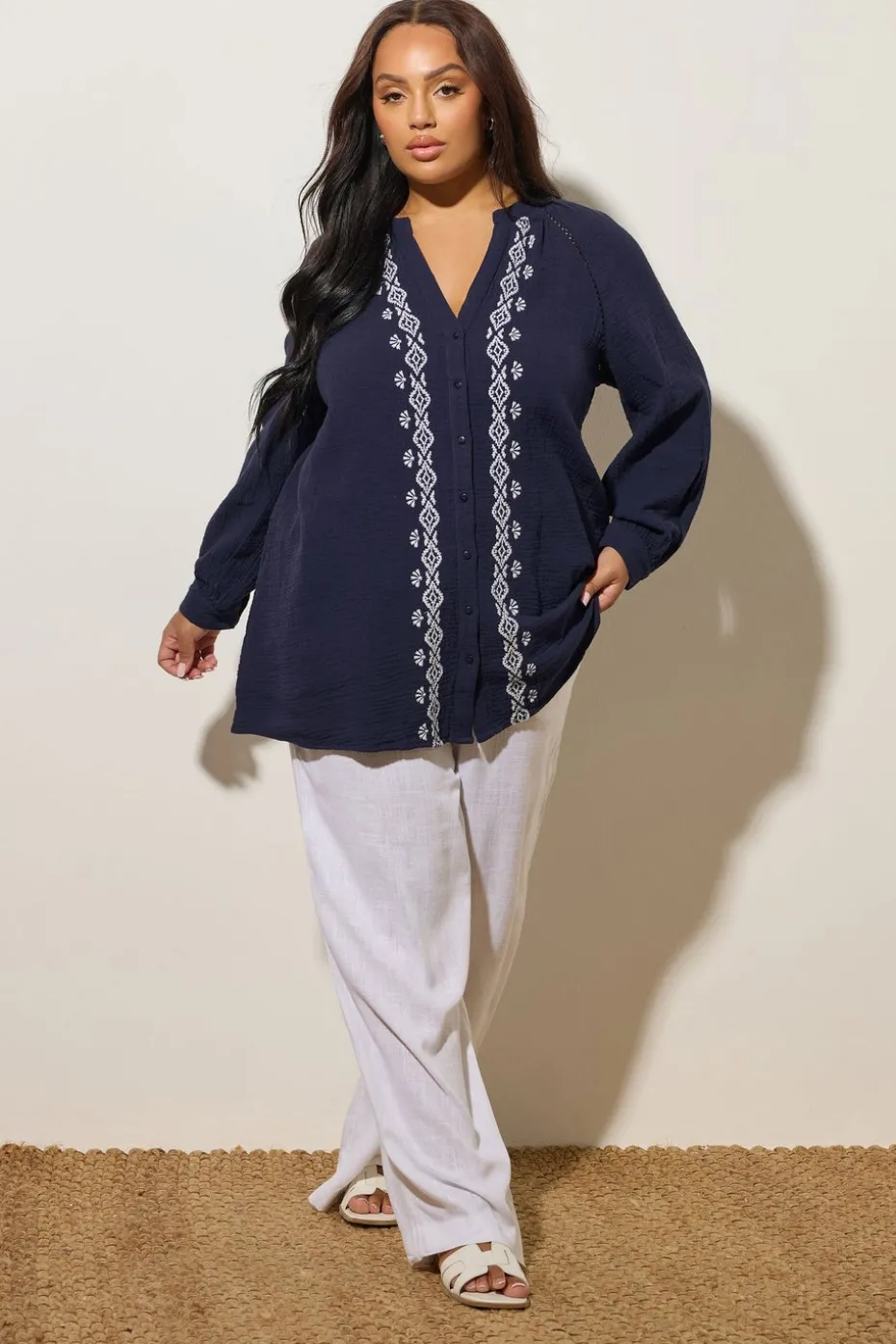 Yours Curve Navy Blue Embroidered Cheesecloth Shirt