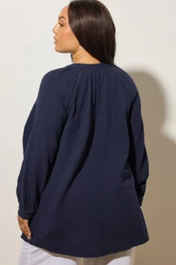 Yours Curve Navy Blue Embroidered Cheesecloth Shirt