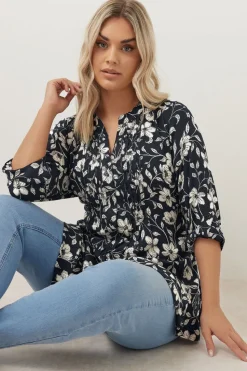 Yours Curve Navy Blue Floral Pintuck Blouse