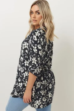 Yours Curve Navy Blue Floral Pintuck Blouse