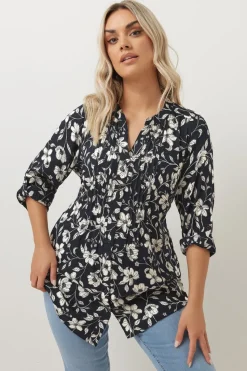 Yours Curve Navy Blue Floral Pintuck Blouse