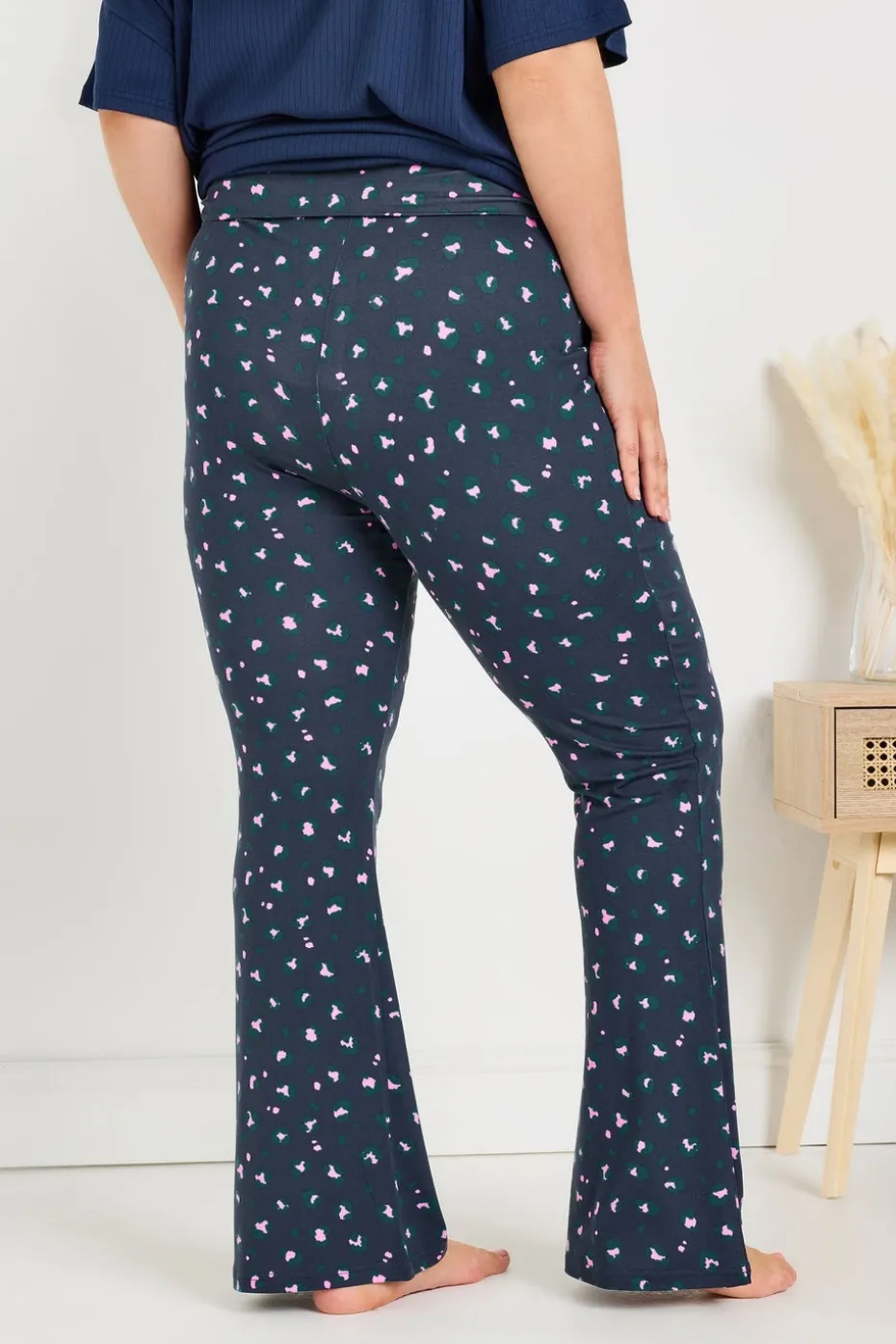 Yours Curve Navy Blue Leopard Print Flare Pyjama Bottoms