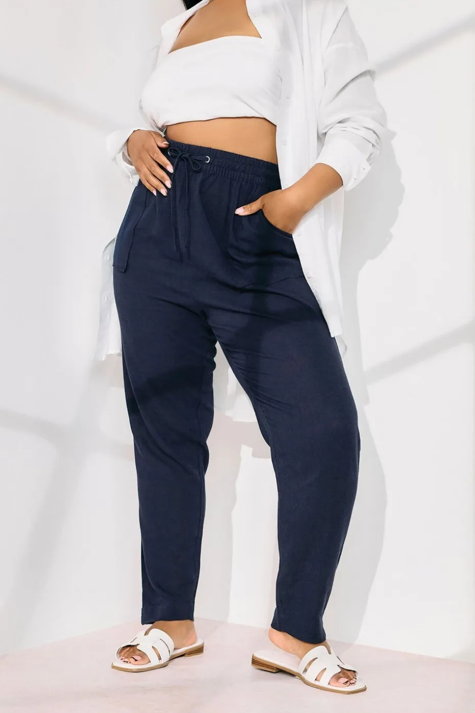 Yours Curve Navy Blue Linen Tie Front Joggers