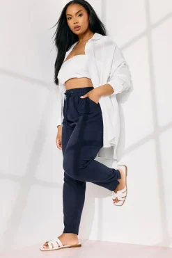 Yours Curve Navy Blue Linen Tie Front Joggers
