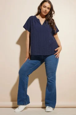 Yours Curve Navy Blue Short Sleeve Cotton Blouse