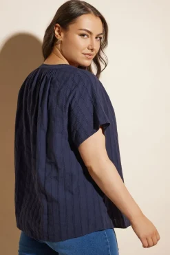 Yours Curve Navy Blue Short Sleeve Cotton Blouse