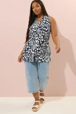 Yours Curve Navy Blue Textured Ikat Sleeveless Shirt