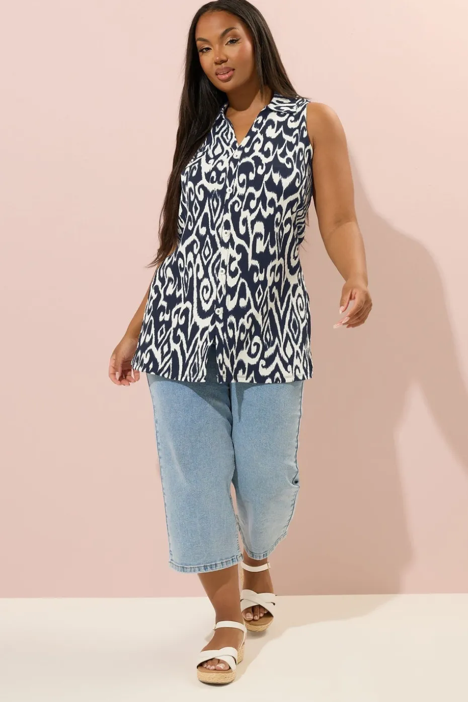 Yours Curve Navy Blue Textured Ikat Sleeveless Shirt