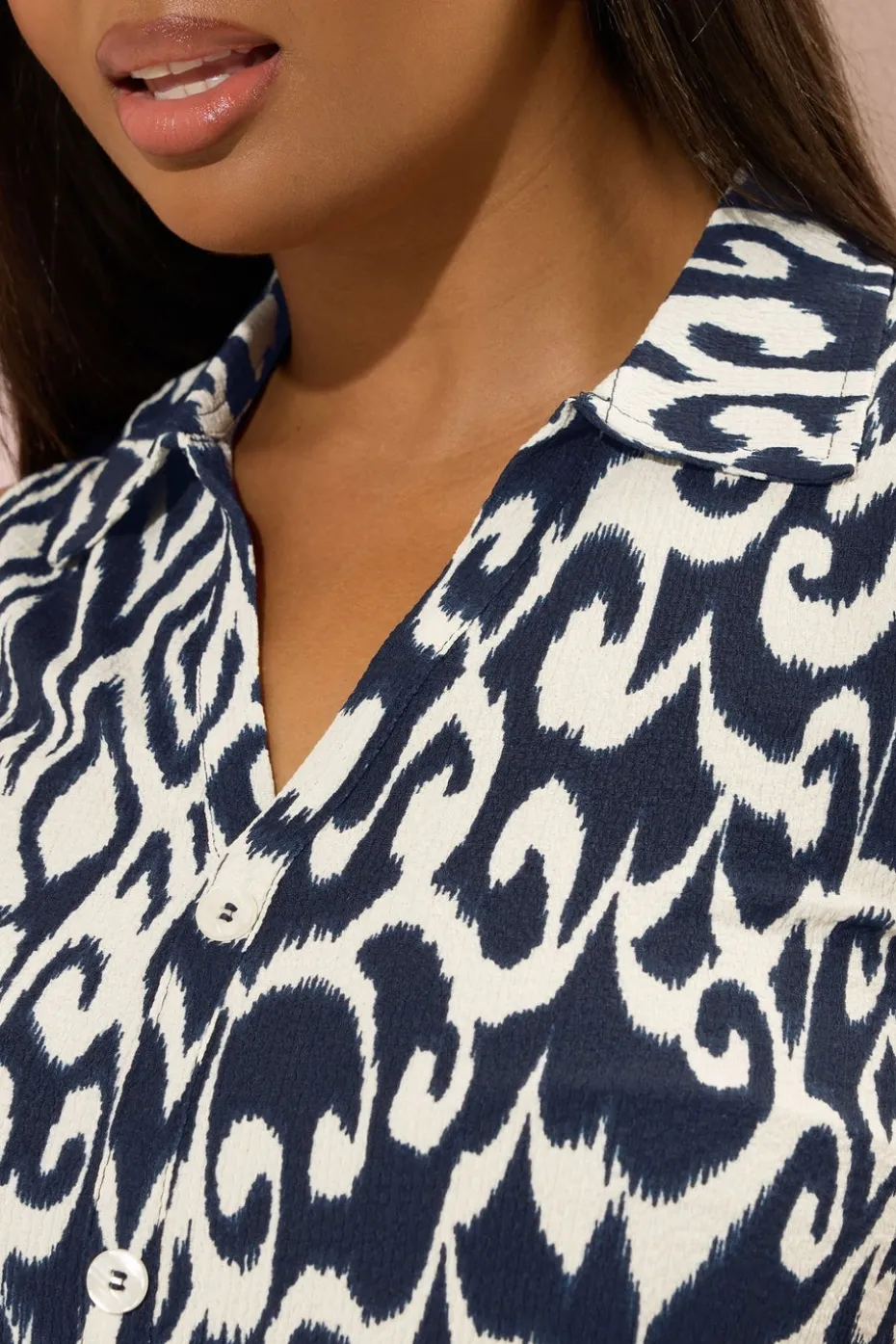 Yours Curve Navy Blue Textured Ikat Sleeveless Shirt