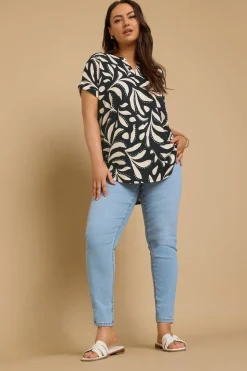 Yours Curve Navy Blue Textured Leaf Print Notch Neck Top