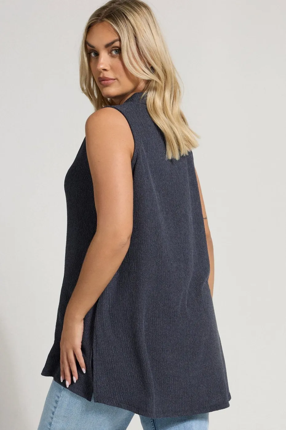 Yours Curve Navy Blue Textured Sleeveless Shirt